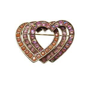 Vintage Liz Claiborne Gold Tone Interlocking Heart Brooch With Pink Rhinestones